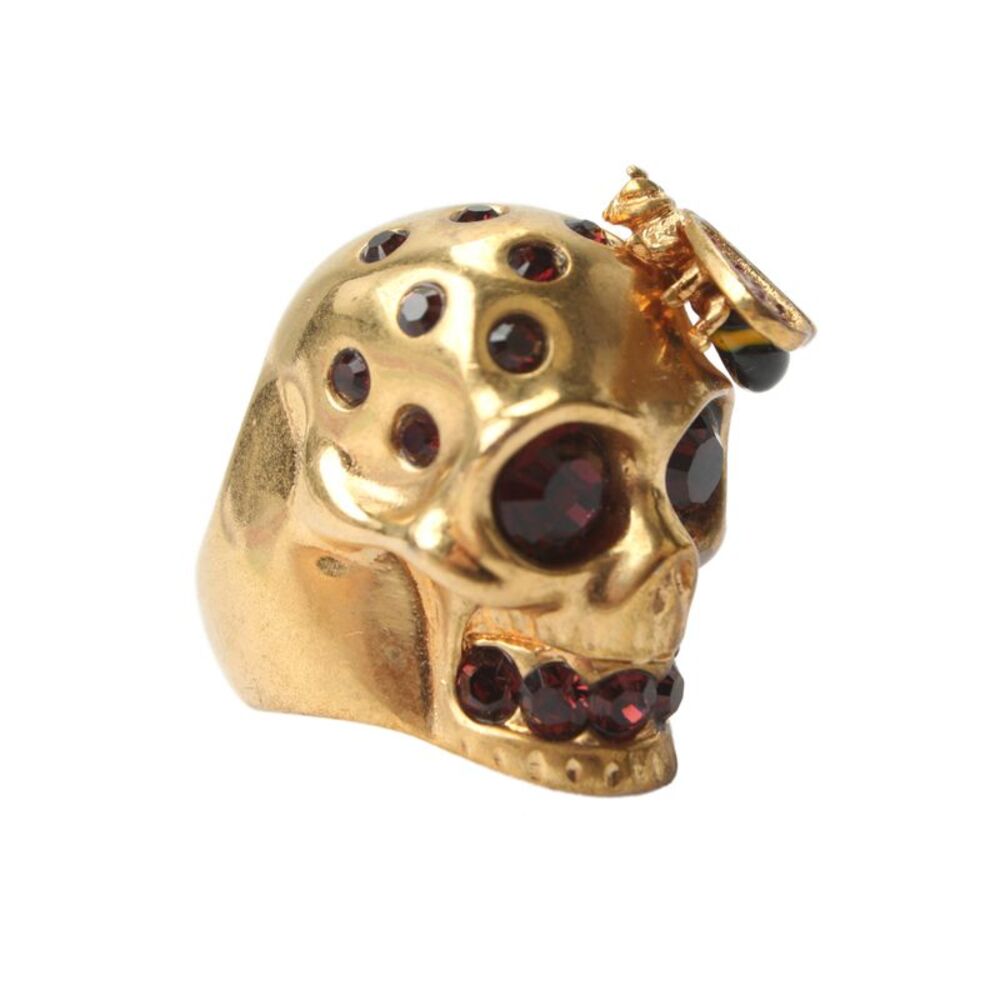 Alexander McQueen Womens Gold Tone Red Crystal Skull Ring Sz 5.5